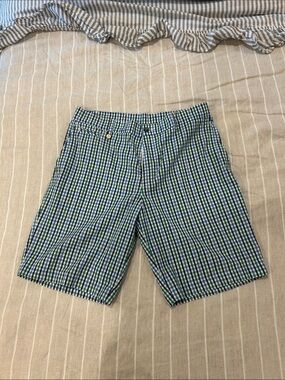 Men's Blue & Green Gingham Flat Front Shorts
